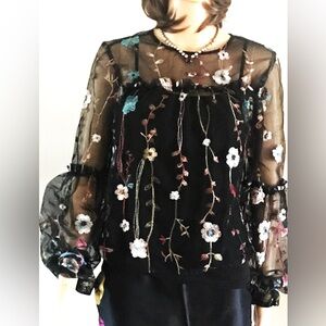 A New Day Women's Sheer Floral Embroidered Blouse Size Large